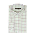 A folded long-sleeve dress shirt by Massimo Dutto, featuring a light green and white windowpane plaid pattern with thin red accent lines, shown on a plain white background.