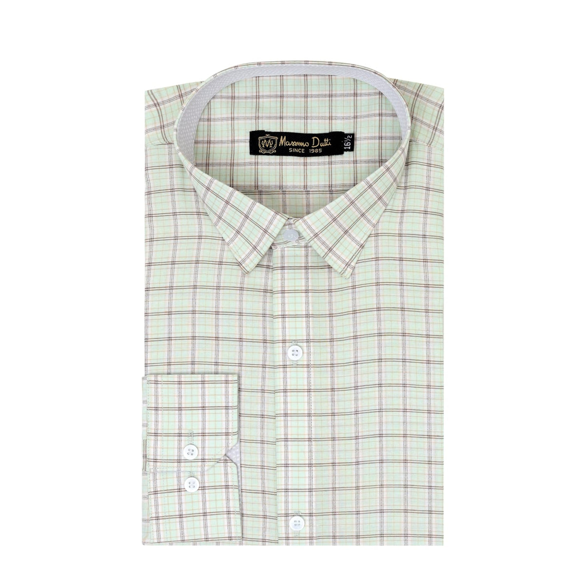 A folded long-sleeve dress shirt by Massimo Dutto, featuring a light green and white windowpane plaid pattern with thin red accent lines, shown on a plain white background.