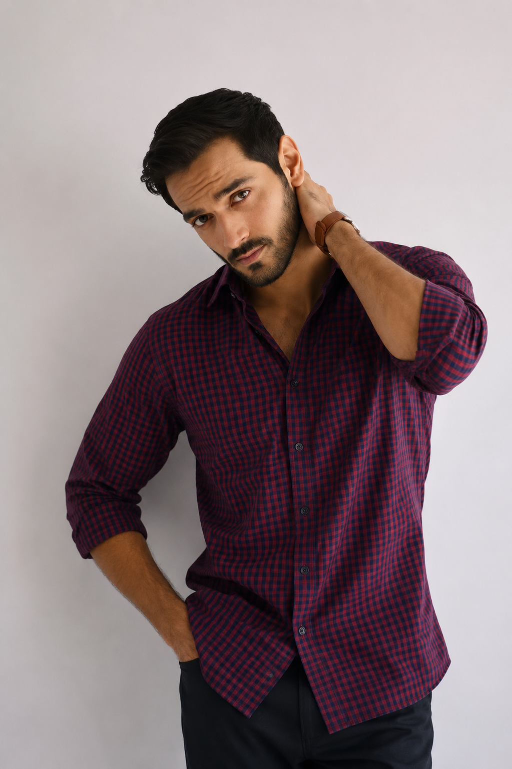 Fab Touch Men's Maroon & Navy Checked Shirt – Slim Fit | Full Sleeves