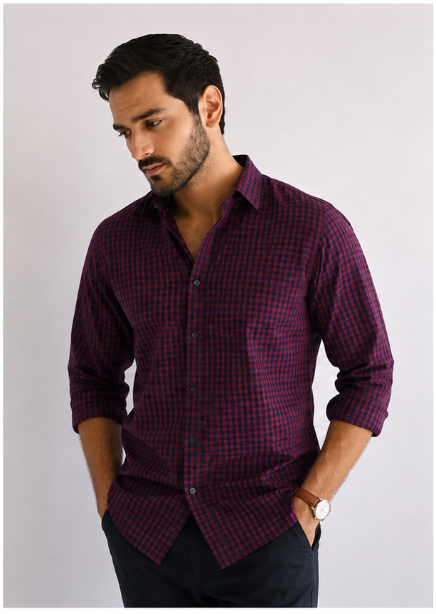 Fab Touch Men's Maroon & Navy Checked Shirt – Slim Fit | Full Sleeves