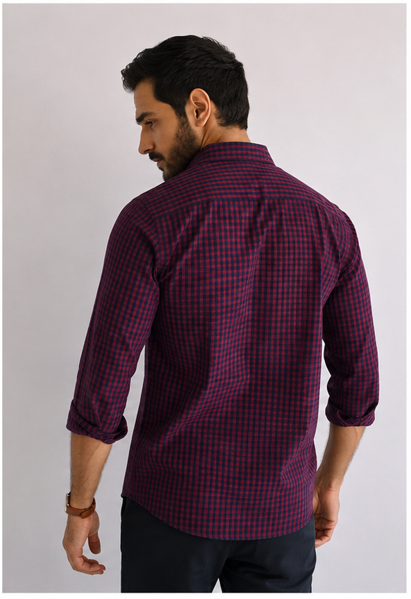 Fab Touch Men's Maroon & Navy Checked Shirt – Slim Fit | Full Sleeves