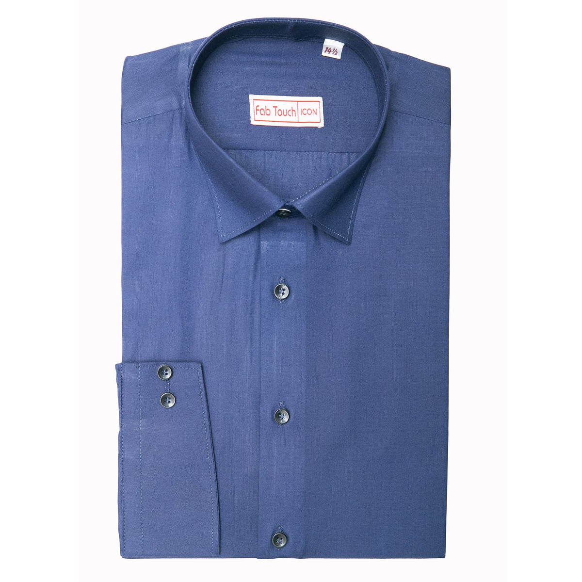 A folded blue long-sleeve dress shirt with a pointed collar and button front, displayed on a plain white background. The brand label inside the collar reads 'Feb Touch'.