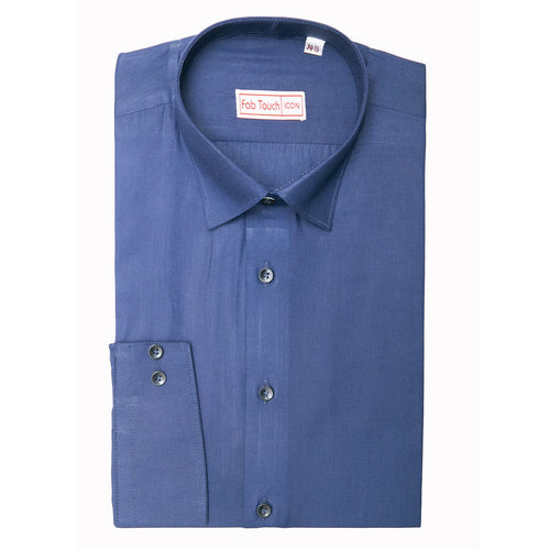 A folded blue long-sleeve dress shirt with a pointed collar and button front, displayed on a plain white background. The brand label inside the collar reads 'Feb Touch'.