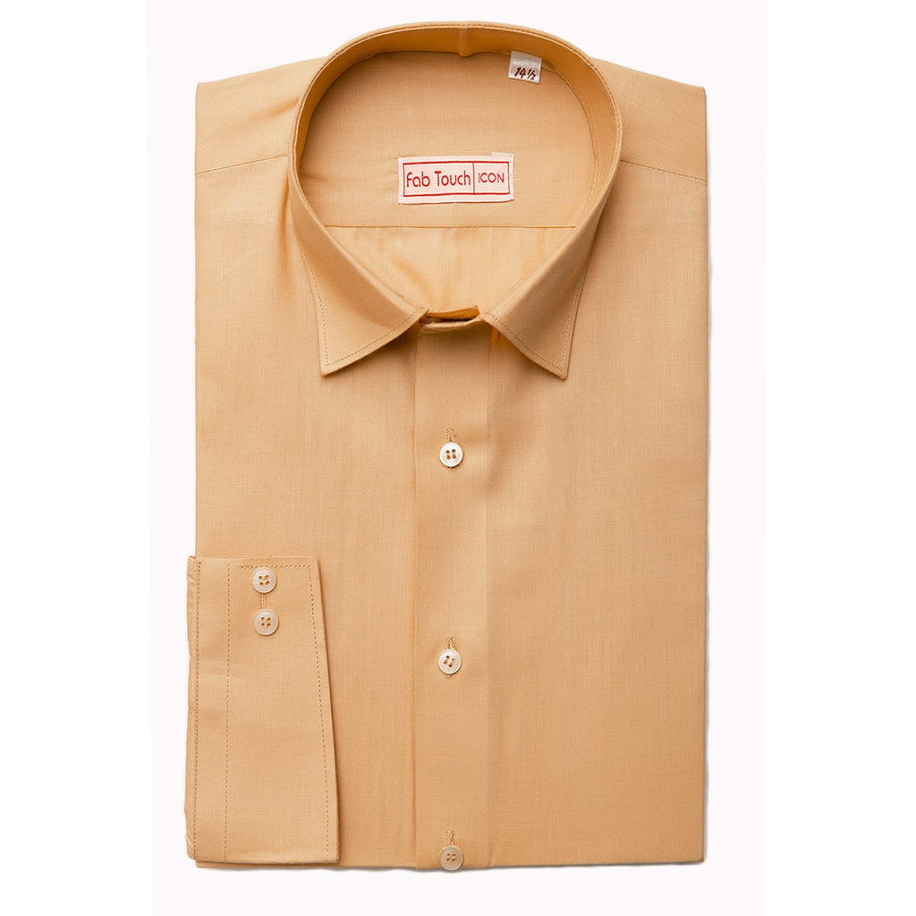 A folded light tan dress shirt with a pointed collar, button-down front, and a single-button cuff, shown on a plain white background. The inner collar label reads 'Fab Touch Con'.