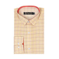 A folded long-sleeve dress shirt by Massimo Dutti, featuring a light beige and yellow windowpane check pattern with thin red lines, white buttons, and a red inner collar lining.