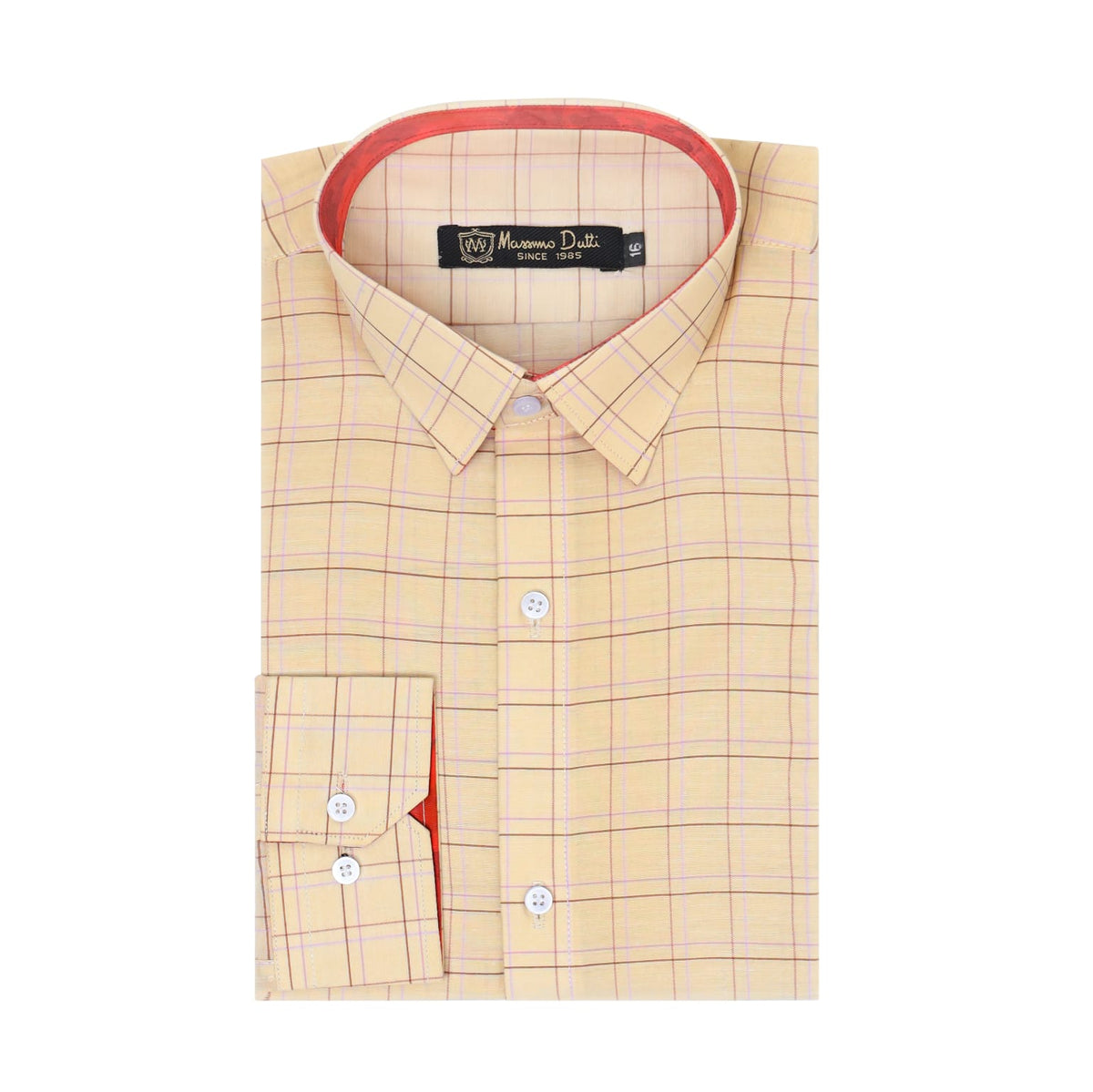 A folded long-sleeve dress shirt by Massimo Dutti, featuring a light beige and yellow windowpane check pattern with thin red lines, white buttons, and a red inner collar lining.