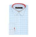 A folded light blue dress shirt with a white and thin red windowpane check pattern, featuring a pointed collar, white buttons, and a single-button cuff. The brand label 'Majestic Dye' is visible inside the collar.