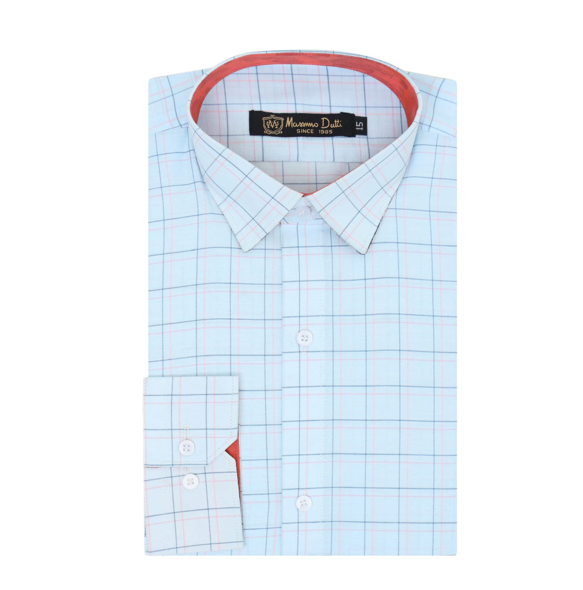 A folded light blue dress shirt with a white and thin red windowpane check pattern, featuring a pointed collar, white buttons, and a single-button cuff. The brand label 'Majestic Dye' is visible inside the collar.