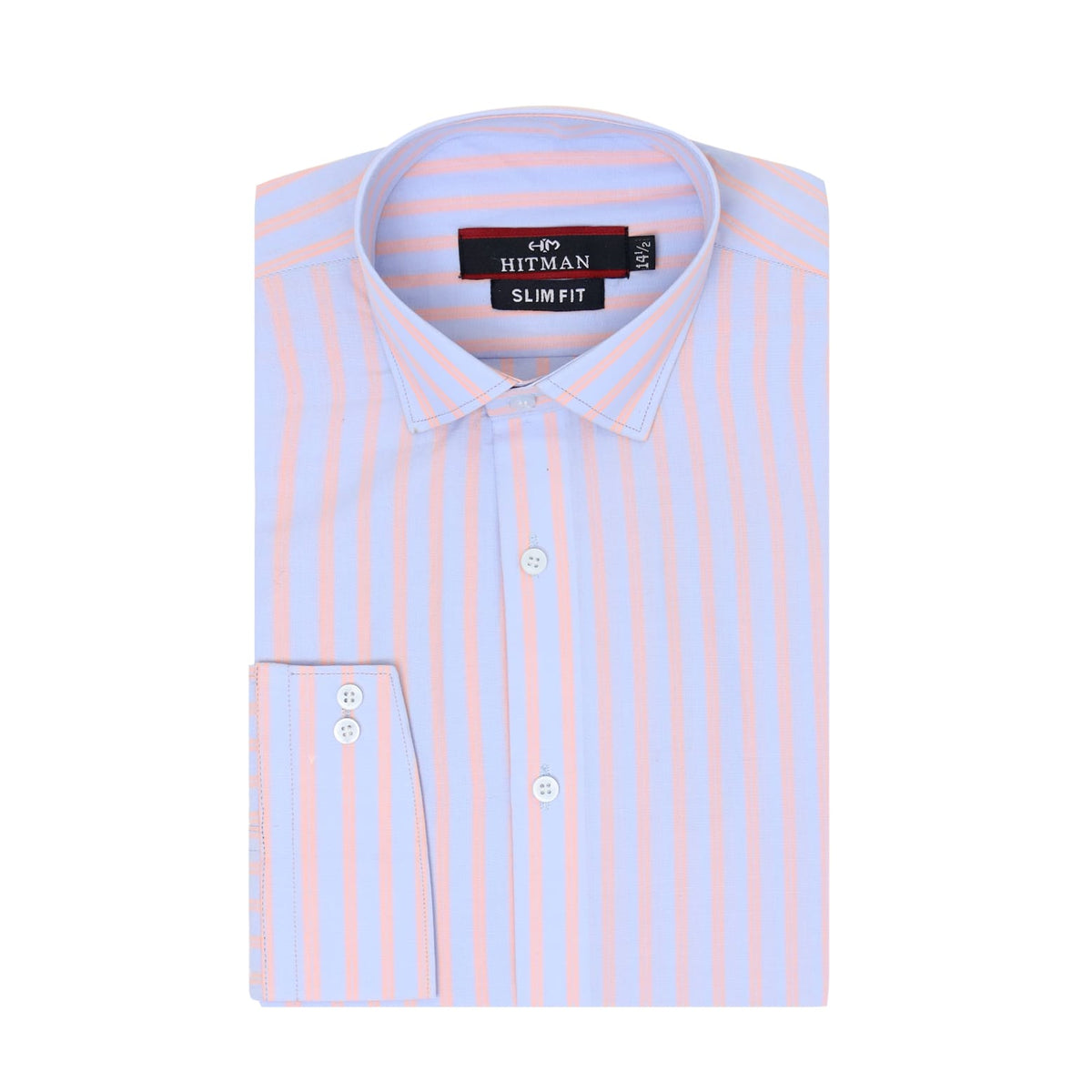 A folded Hitman Slim Fit dress shirt with vertical light pink and white stripes, shown on a plain white background.