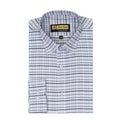 A folded men's dress shirt by Tom Ford, featuring a white base with a blue and gray windowpane plaid pattern. The brand label is visible inside the collar, and the shirt is presented on a clean white background.
