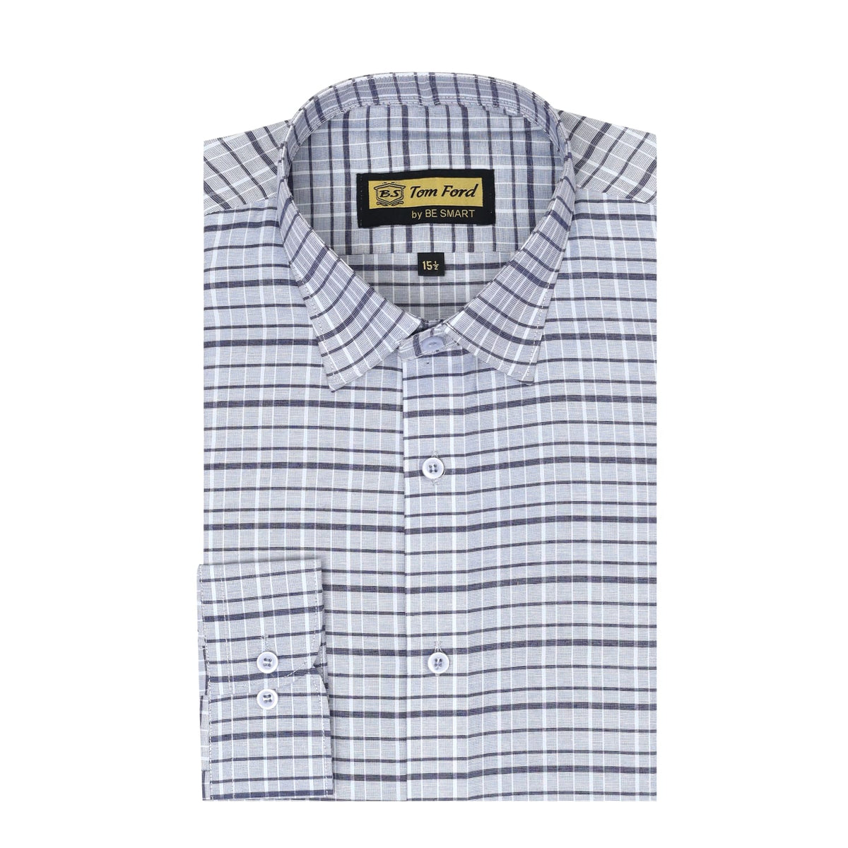 A folded men's dress shirt by Tom Ford, featuring a white base with a blue and gray windowpane plaid pattern. The brand label is visible inside the collar, and the shirt is presented on a clean white background.