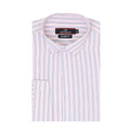 A folded long-sleeve dress shirt with thin vertical blue and pink stripes on a white base, featuring a pointed collar and a visible neck label that reads 'GARY HITMAN SLIM FIT'.