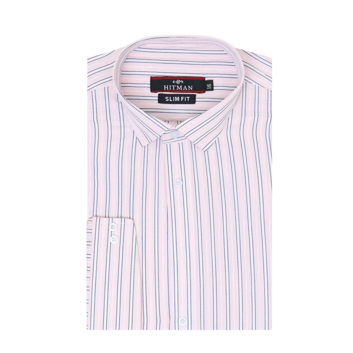 A folded long-sleeve dress shirt with thin vertical blue and pink stripes on a white base, featuring a pointed collar and a visible neck label that reads 'GARY HITMAN SLIM FIT'.