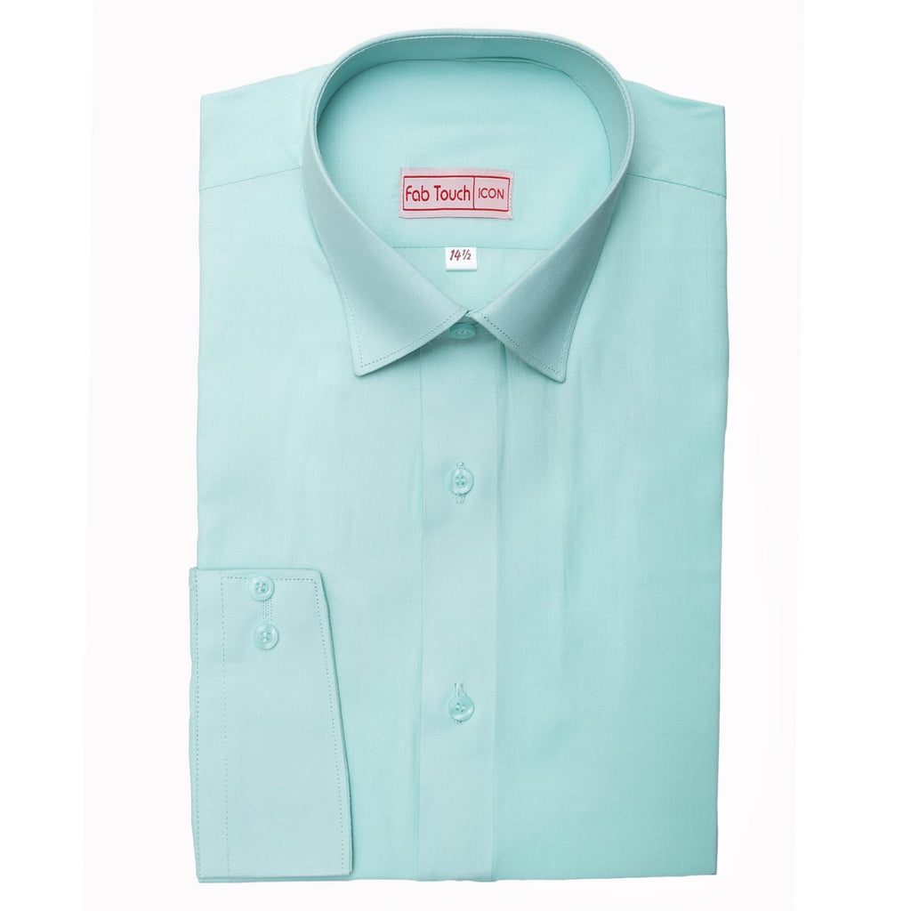 A folded light mint green dress shirt with a pointed collar, button-down front, and a single-button cuff, shown on a plain white background. The inner neck label reads 'Fad Touch Icon'.