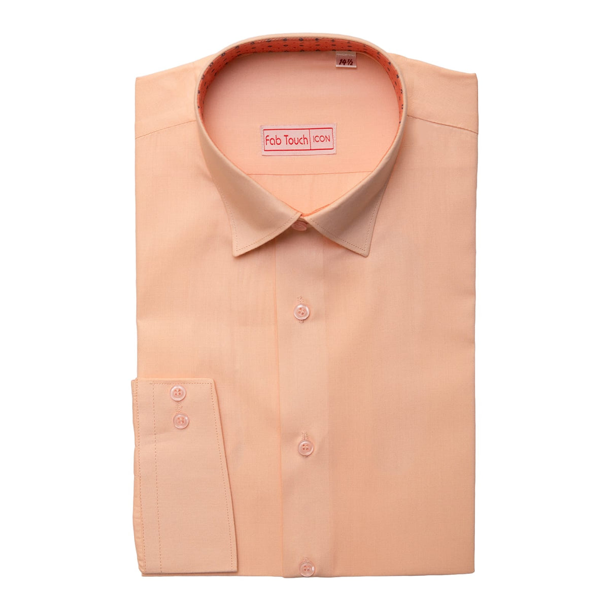 A peach-colored long-sleeve dress shirt folded neatly, showing the collar, front buttons, and inner label which reads 'Feb Touch icon'.