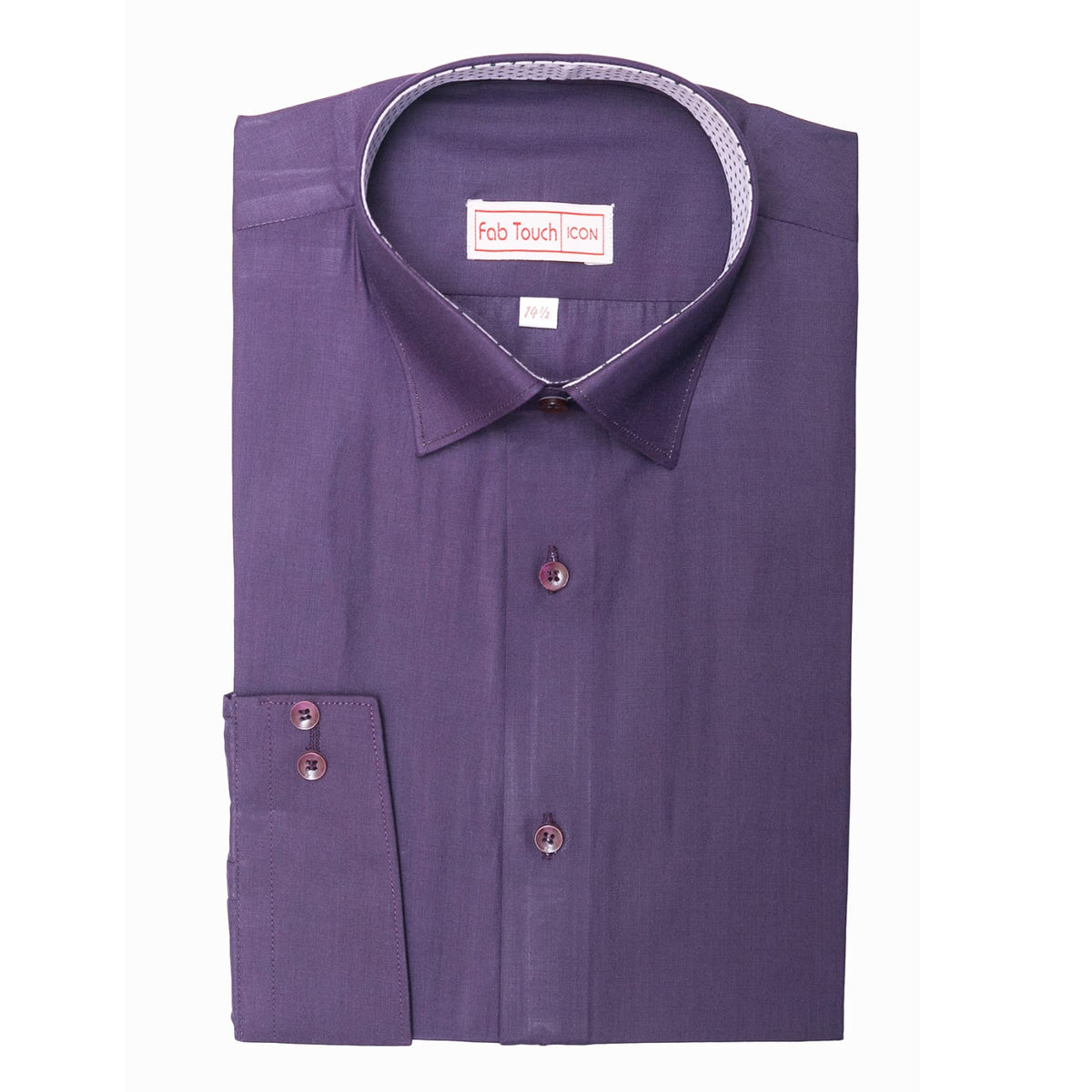 A folded purple long-sleeve dress shirt with a spread collar and button front, displayed on a plain white background. The brand label 'Feb Touch' is visible inside the collar.