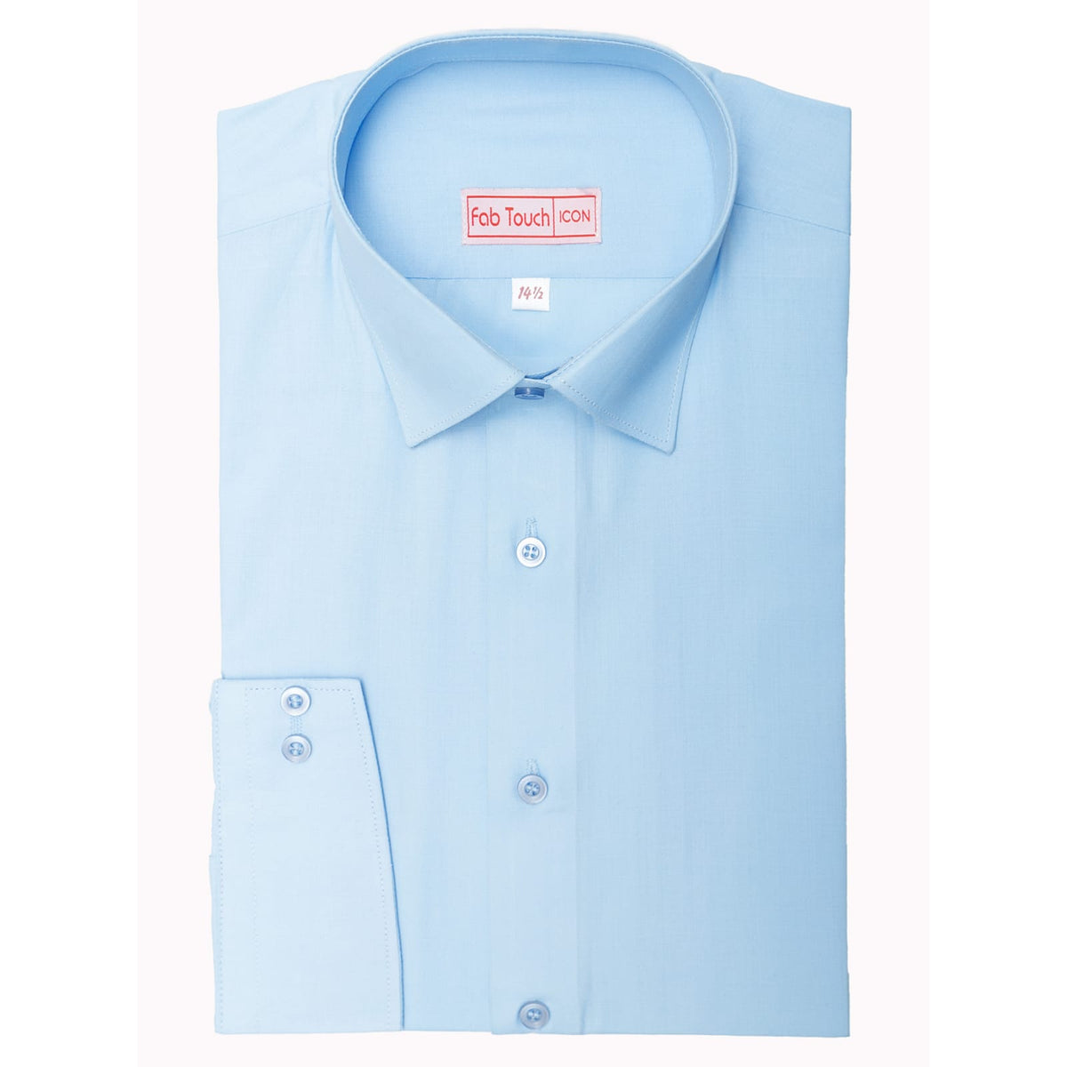 A light blue long-sleeve dress shirt folded neatly, showing the collar, front buttons, and a single cuff with two buttons on the left side. The inner collar label reads 'Fab Touch ICON'.