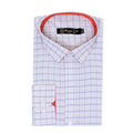A folded long-sleeve dress shirt by Massimo Delle, featuring a light pink and white plaid pattern with thin blue and green lines, and a vibrant orange-red inner collar and placket lining.