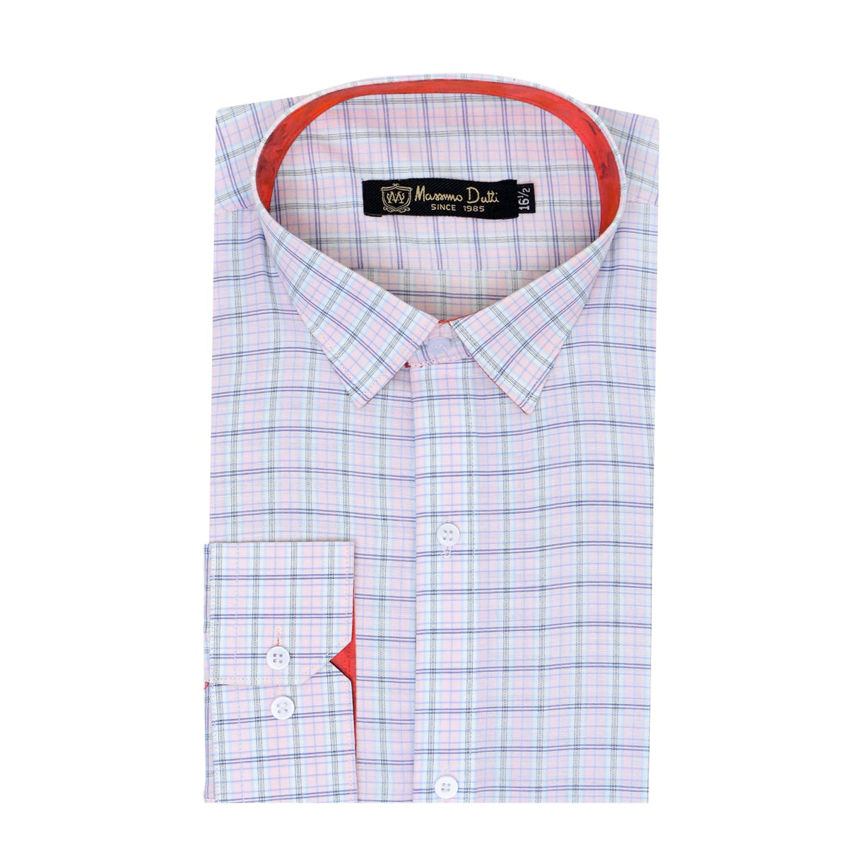A folded long-sleeve dress shirt by Massimo Delle, featuring a light pink and white plaid pattern with thin blue and green lines, and a vibrant orange-red inner collar and placket lining.