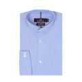 A folded light blue and white striped dress shirt with a pointed collar, button-down front, and a visible Hitman Slim Fit neck label.