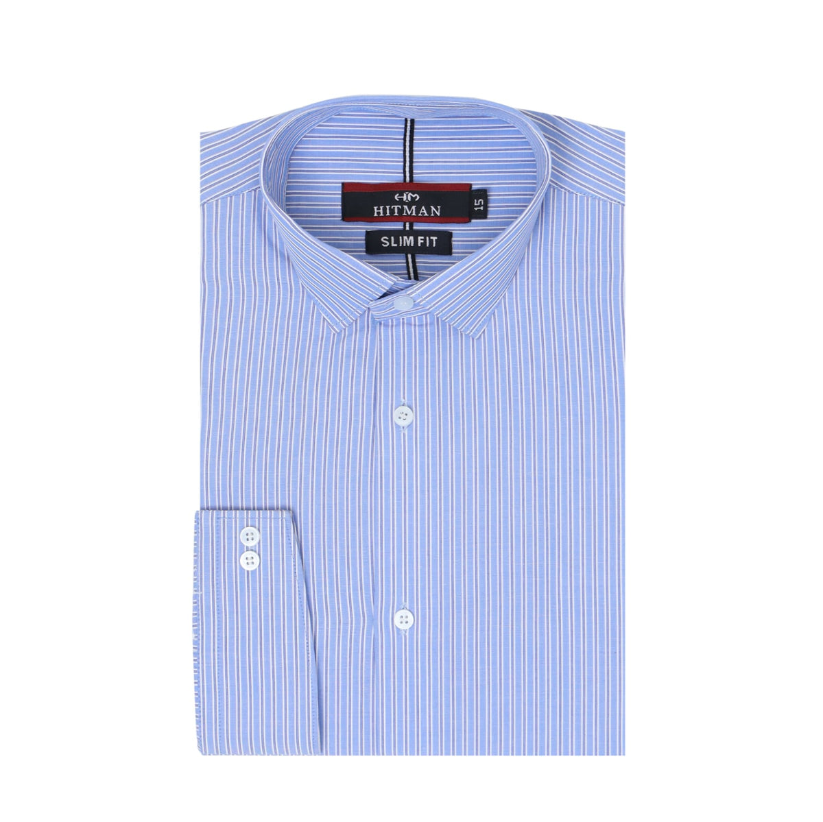 A folded light blue and white striped dress shirt with a pointed collar, button-down front, and a visible Hitman Slim Fit neck label.